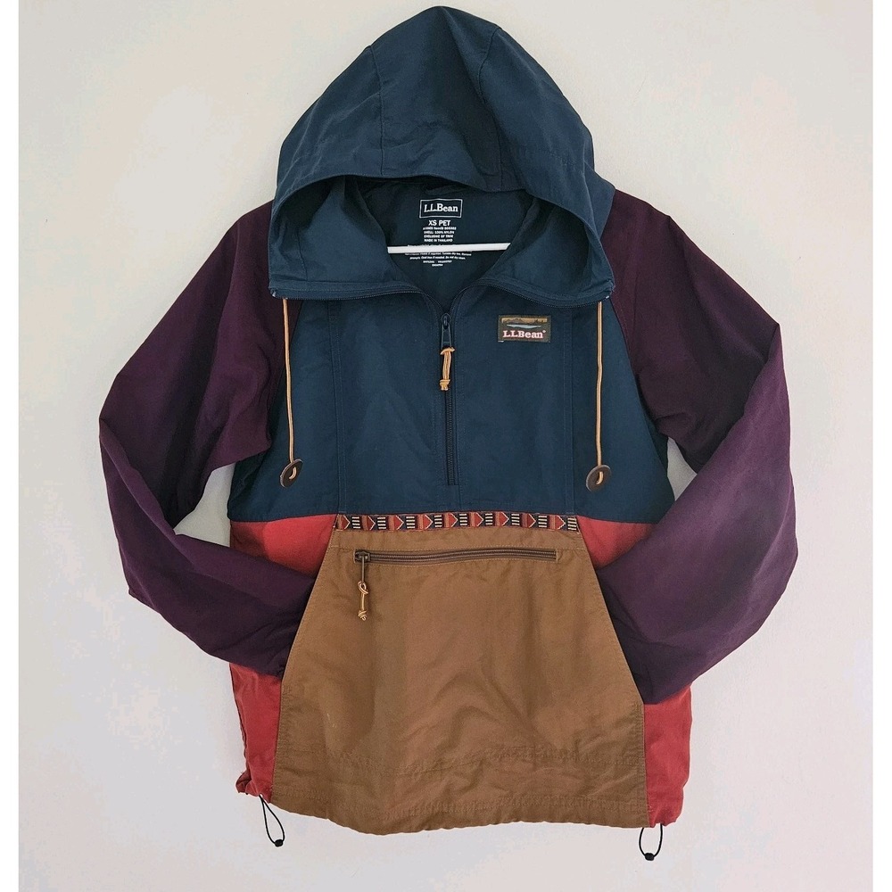 LL Bean Jacket Women XS Tribal Colorblock Hooded Anorak Zip Retro Windbreaker